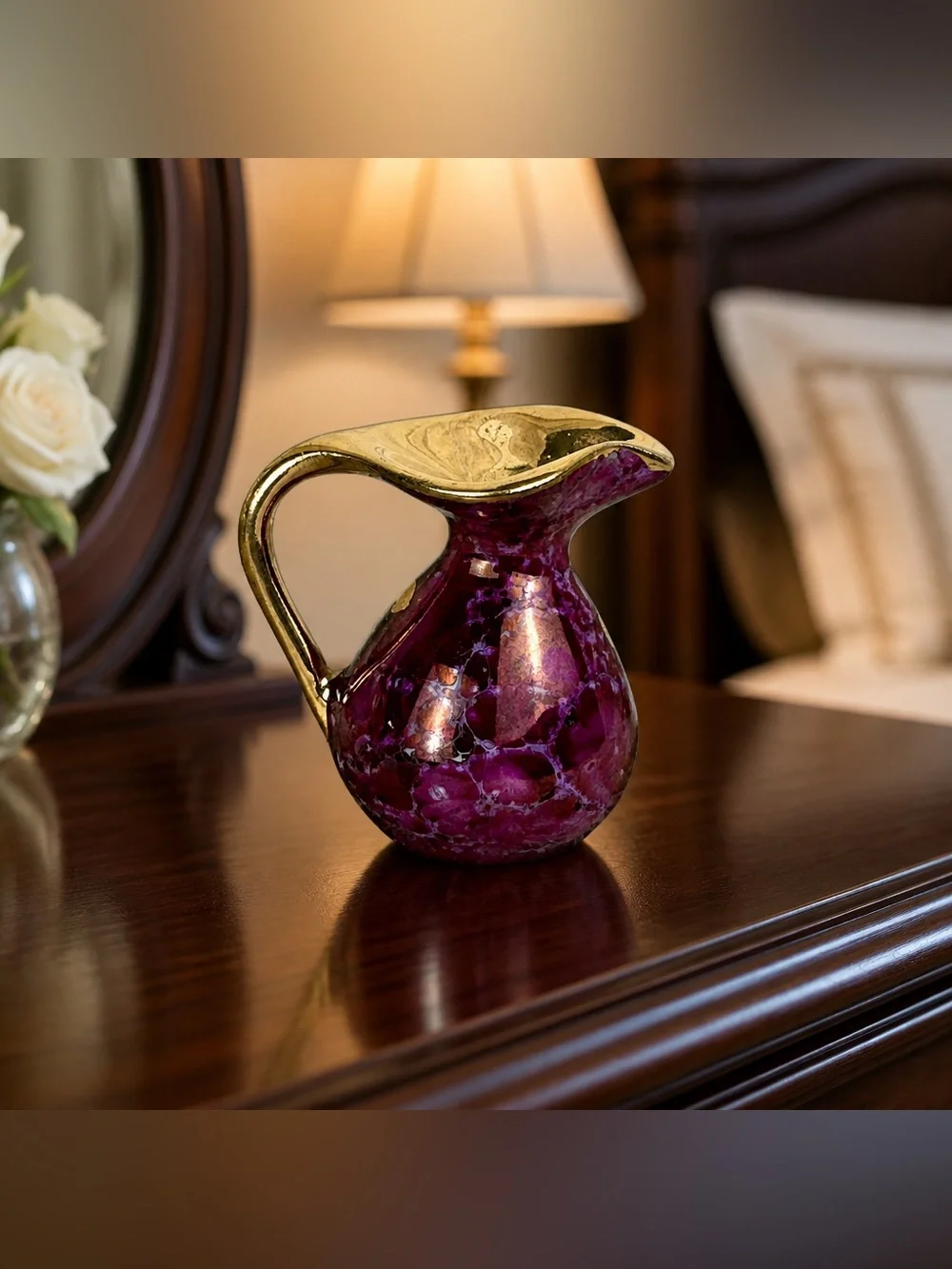 VINTAGE LIMOGES FRANCE Mini Hand Painted Pitcher Burgundy & Gold Collectible